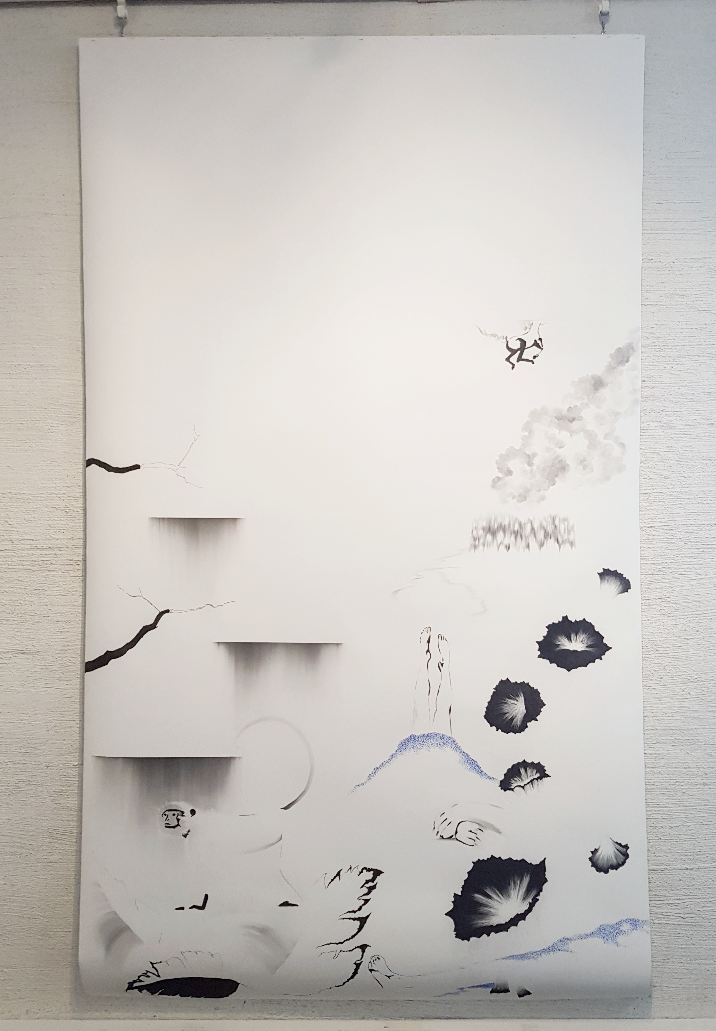Garden of Miracle Anticipators II, 2021, hiili paperille/charcoal on paper, 250 x 150 cm