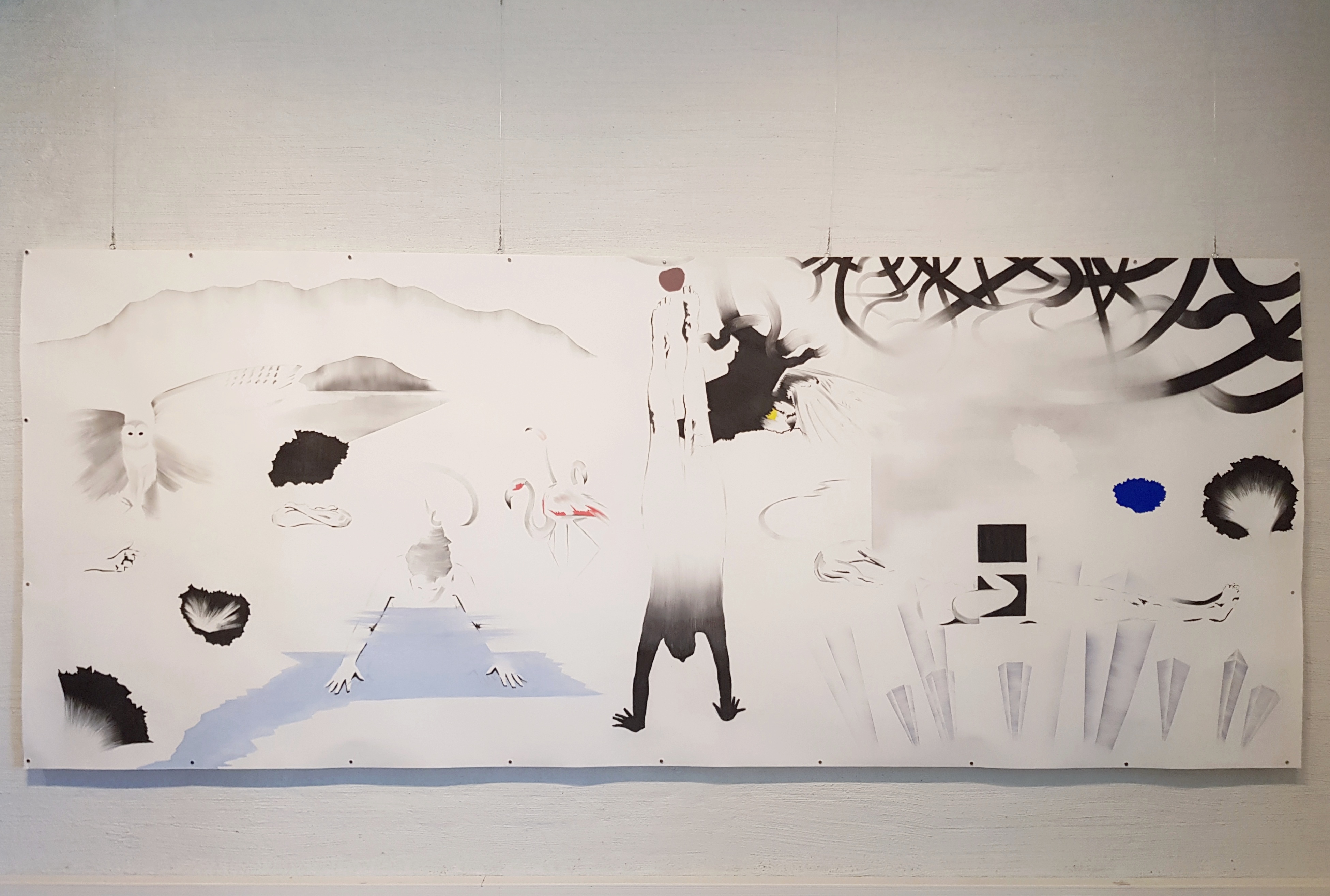 Garden of Miracle Anticipators I, 2021, hiili paperille/charcoal on paper, 150 x 375 cm