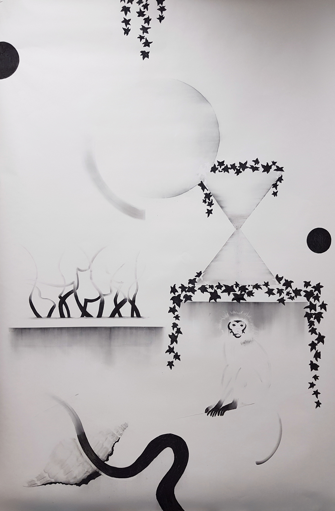 Vanitas I, 2021,hiili paperille/charcoal on paper, 230 x 150 cm. 