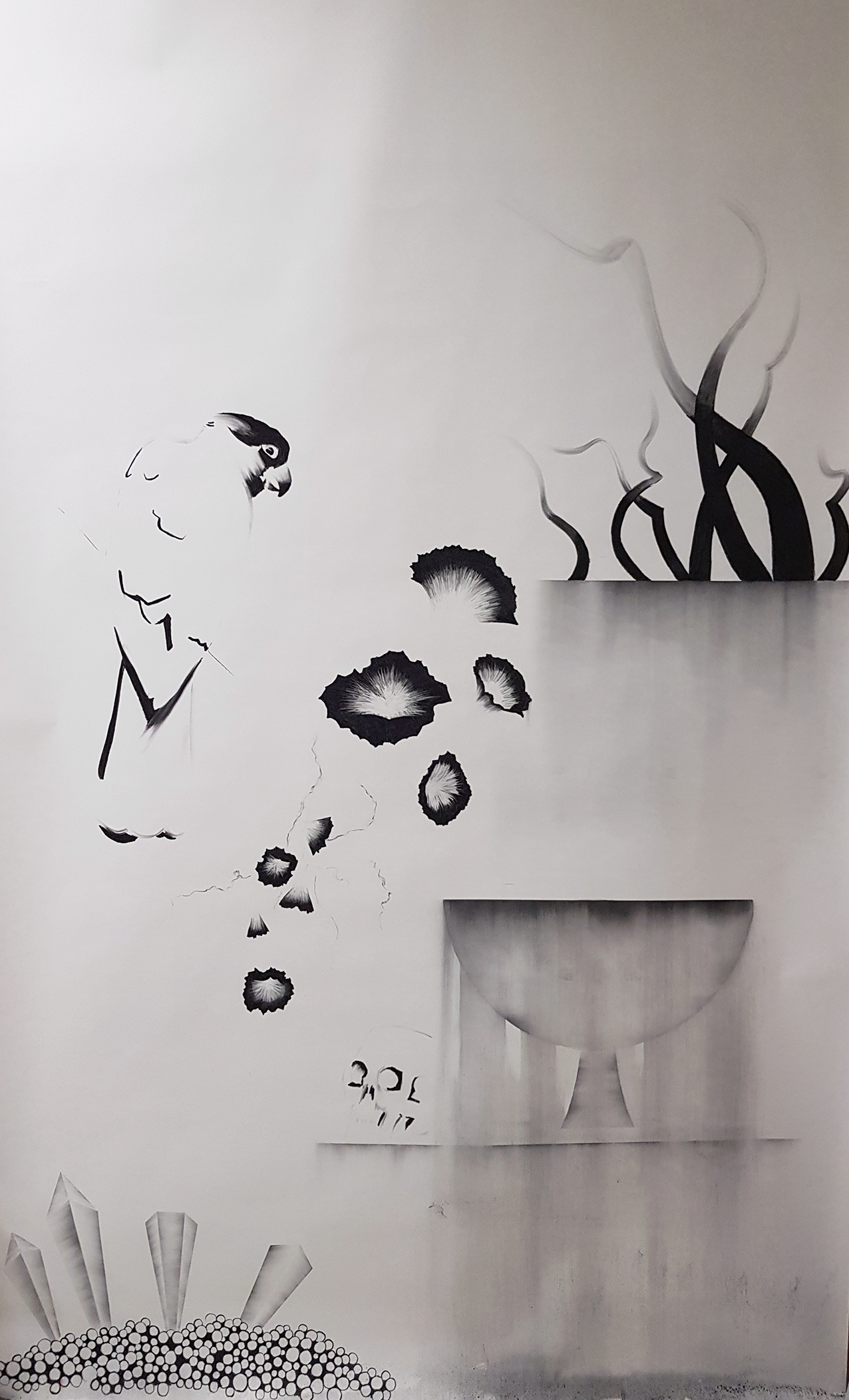 Vanitas III, 2021,hiili paperille/charcoal on paper, 245 x 150 cm. 
